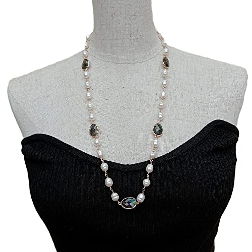 SLXWSXZE White Rice freshwater Pearl Rosary Chain Faceted Pear labradorite Bezel Set sweater chain Wrap Necklace 28" von SLXWSXZE