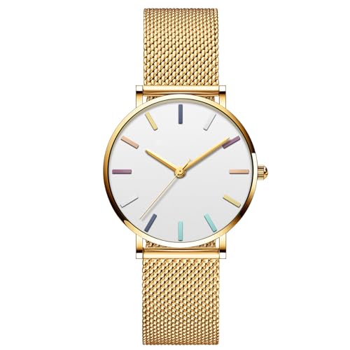 SLYHHZHMY Damen Edelstahl Uhren Modeuhren Freizeitquartz Uhren Damen Runde Miniaturuhren (Gold) von SLYHHZHMY