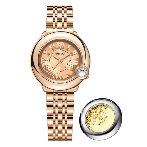 SLYHHZHMY Damenuhr Quarz Mechanische Uhr Rundes Zifferblatt Edelstahl Uhr Transparent Bottom Cover Uhr (Rosa Gesicht) von SLYHHZHMY