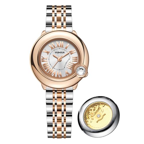 SLYHHZHMY Damenuhr Quarz Mechanische Uhr Rundes Zifferblatt Edelstahl Uhr Transparent Bottom Cover Uhr (Weiß) von SLYHHZHMY
