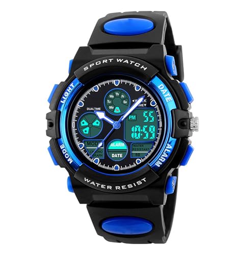 SLYHHZHMY Dual Time Sportuhr wasserdichte Elektronische Uhr Lässige Leuchtende Armbanduhr Stoppuhr Chronograph Datumsanzeige (Blau) von SLYHHZHMY