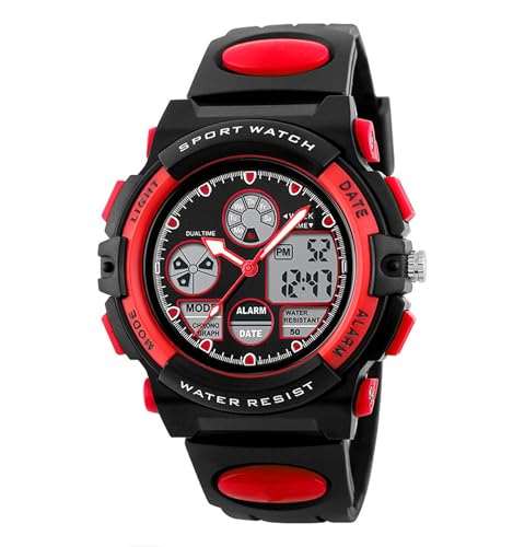 SLYHHZHMY Dual Time Sportuhr wasserdichte Elektronische Uhr Lässige Leuchtende Armbanduhr Stoppuhr Chronograph Datumsanzeige (Rot) von SLYHHZHMY
