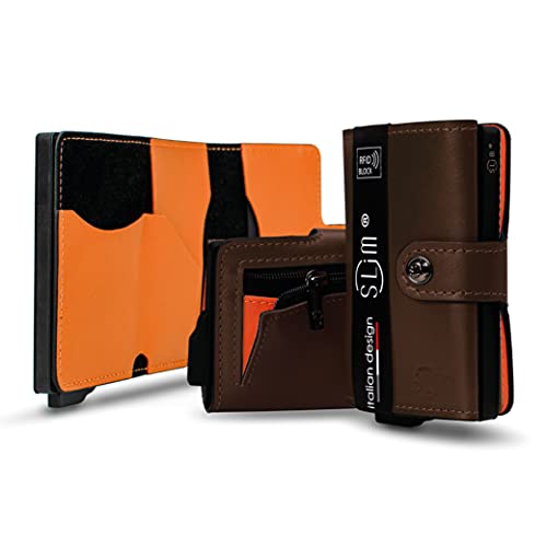 SLim Geldbörse für Herren & Damen Smart Wallet kartenetui mit Münzfach & RFID Schutz Portmonee Portemonnaie Made in Italy (Braun innen Orange, mit Münzfach) von SLim