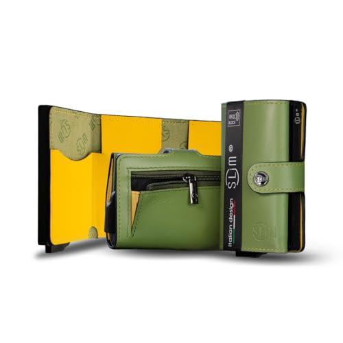 SLim Geldbörse für Herren & Damen Smart Wallet kartenetui mit Münzfach & RFID Schutz Portmonee Portemonnaie Made in Italy (Grüne Pistazie innen Gelb, mit Münzfach) von SLim