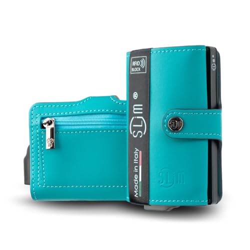 SLim Geldbörse für Herren & Damen Smart Wallet kartenetui mit Münzfach & RFID Schutz Portmonee Portemonnaie Made in Italy (Türkis, mit Münzfach) von SLim