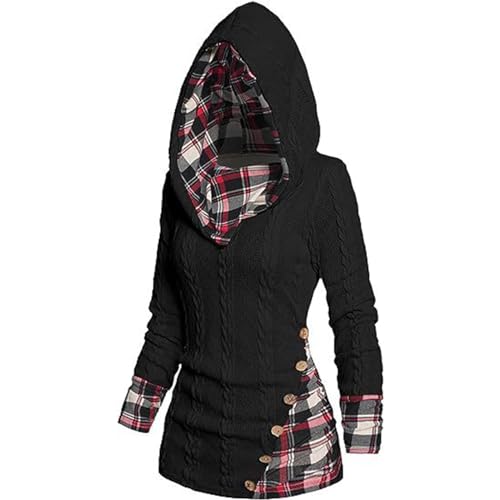 Damen Plaid Splicing Button Decor Cable Hoodie, langärmelige, lässige Pullover mit Kapuze, Hemden, Sweatshirts (B,L) von SLimpy