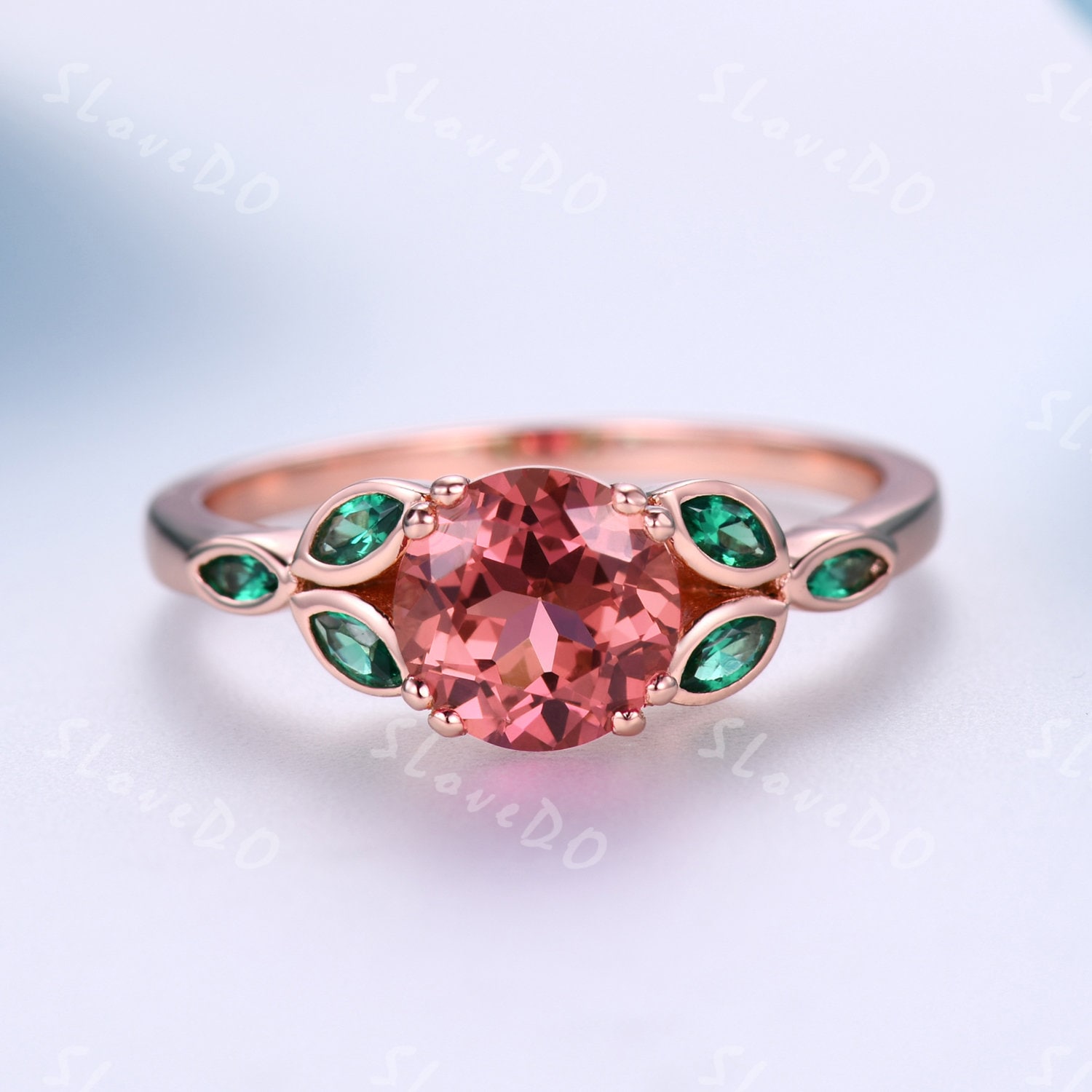 1.2Ct Rund Geschliffener Padparadscha Saphir Ring, Marquise Smaragd Ring, 14K Roségold, Saphir Versprechen Ring, Jubiläum Geschenk Für Deinen von SLoveDO