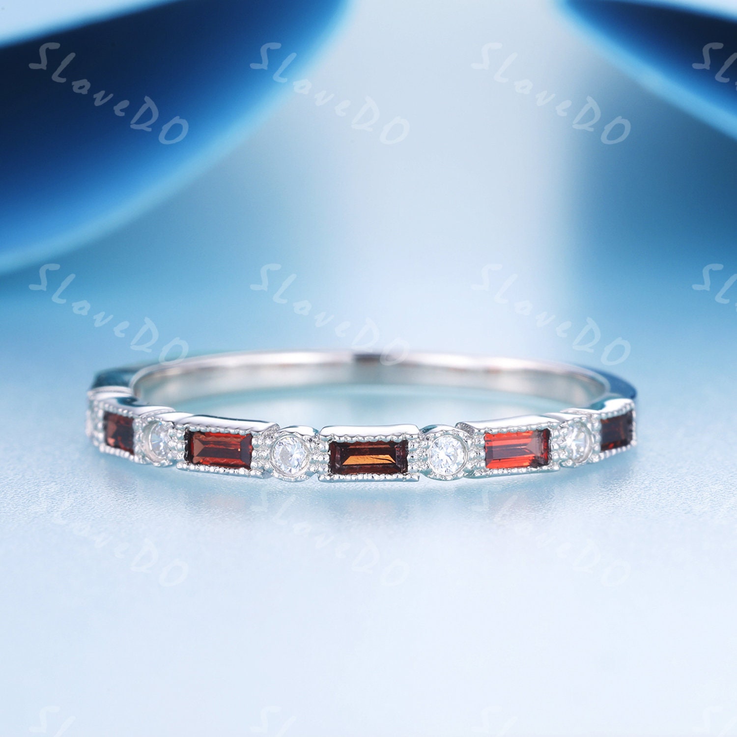 14K Weißgold Ring/Art Deco Granat Diamant Ehering/Baguette Ring/Halbe Ewigkeit Band/Granat Passendes Band/Geschenk Für Sie von SLoveDO