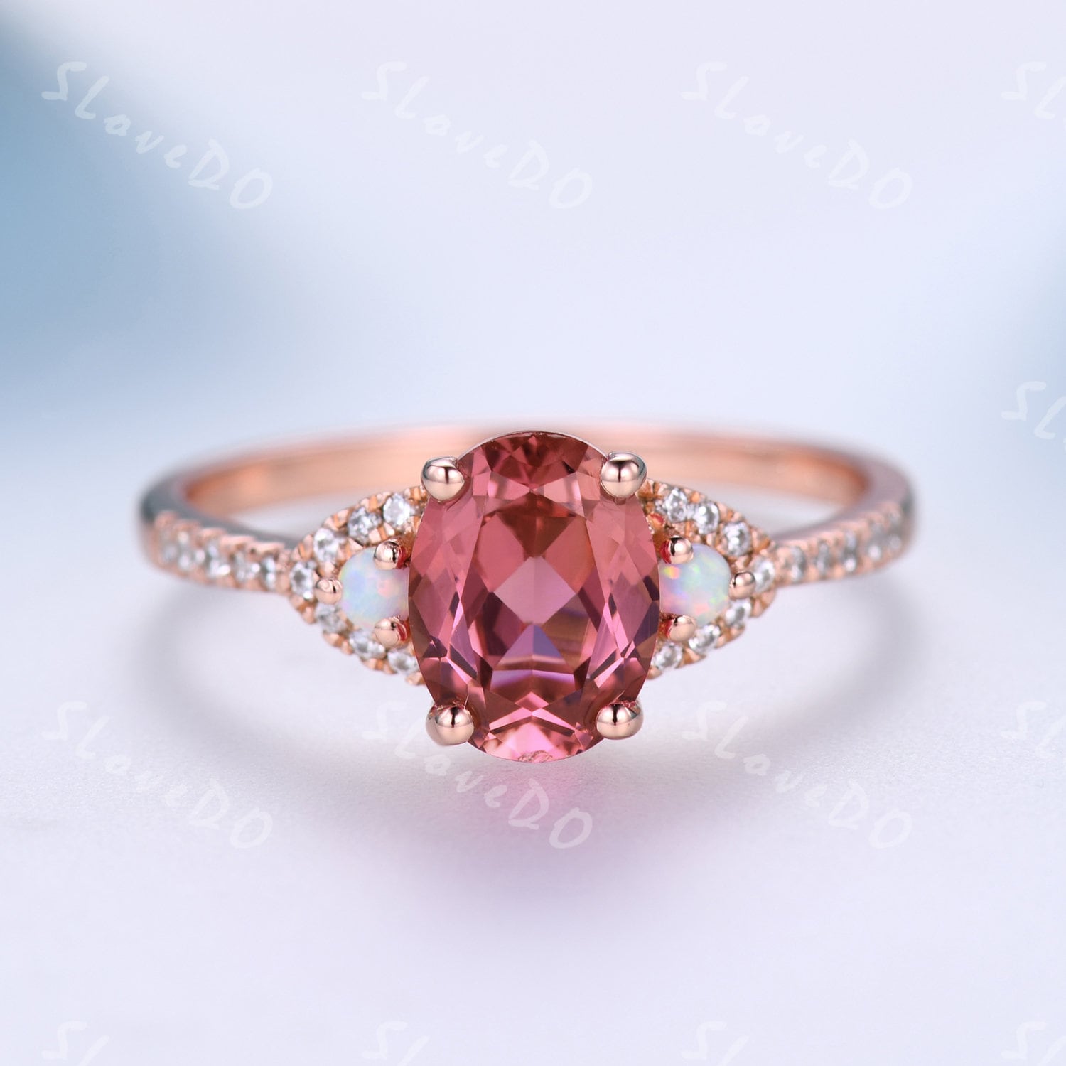 6x8mm Padparadscha Saphir Ring, Ovaler Rosa Stein, Zierliche Diamant Verlobungsring, Opal Ehering, Cluster Ring von SLoveDO