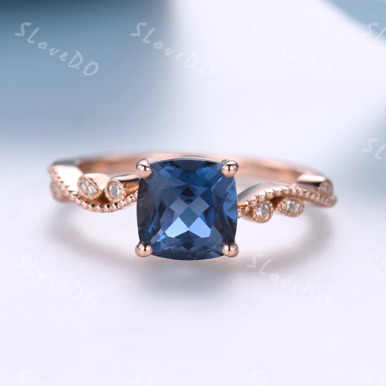 7mm London Blautopas Ehering, Kissenschliff Blau Edelstein, November Geburtsstein, Floraler Milgrain Diamant Ring, Frauen Valentinstag Ring Geschenk von SLoveDO