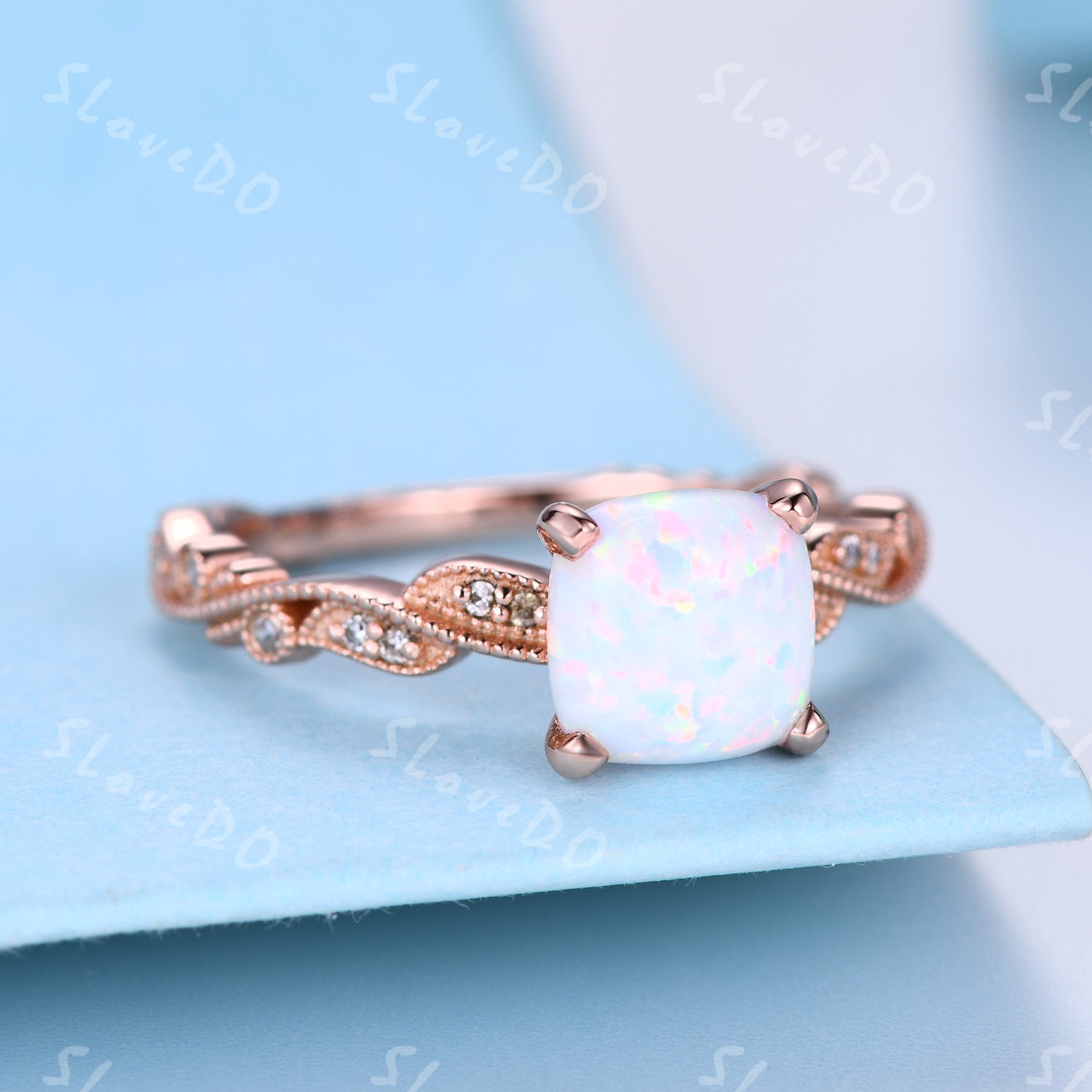 7mm Weißer Opal Verlobungsring, Massiver Gold Ring, Antik Filigran Diamant Ehering, Oktober Geburtsstein, Art Deco Geschenk Für Sie von SLoveDO