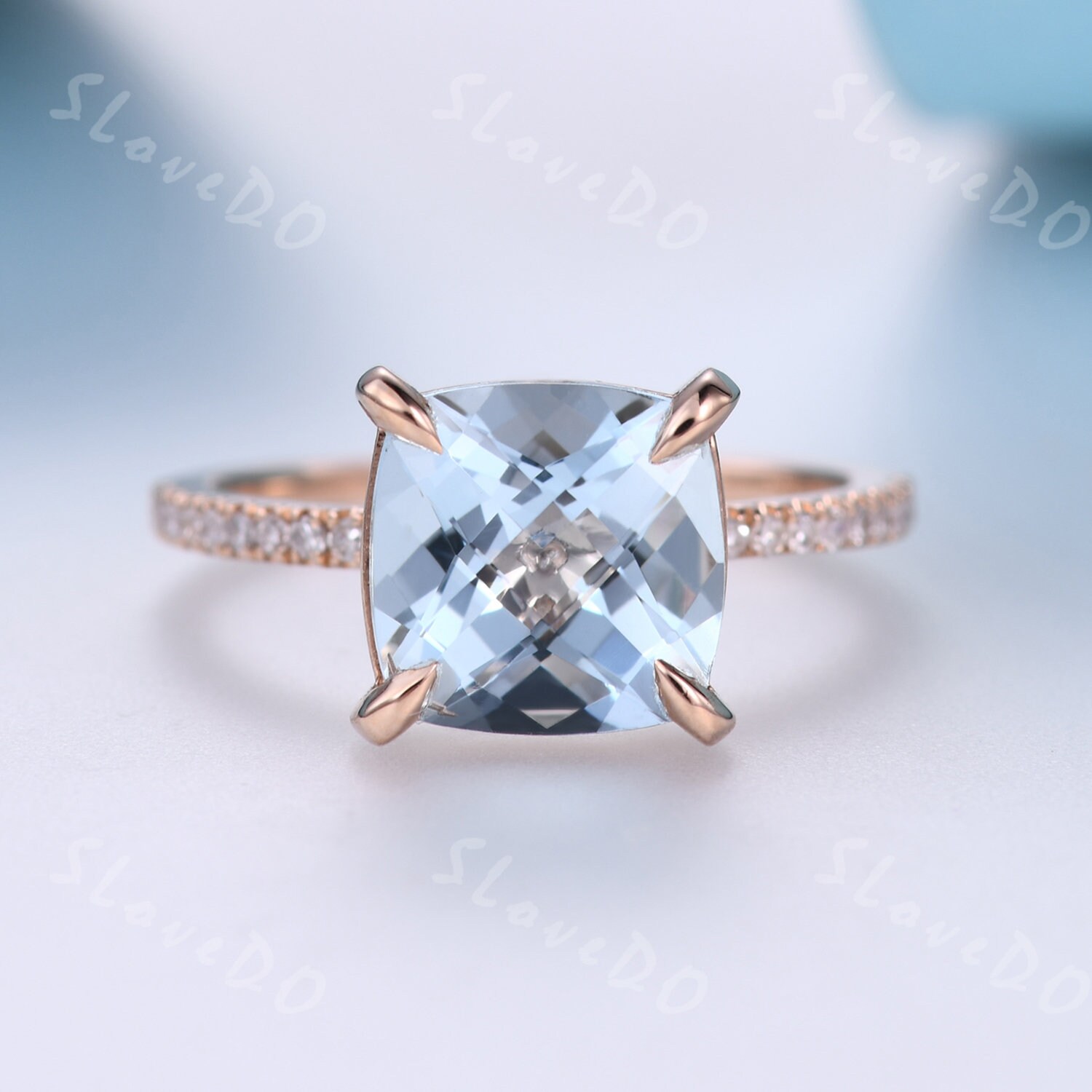 8mm Kissenschliff Aquamarin Verlobungsring 14K Rose Gold Ring Diamant Ehering Edelstein Brautring Jahrestag Geschenk von SLoveDO