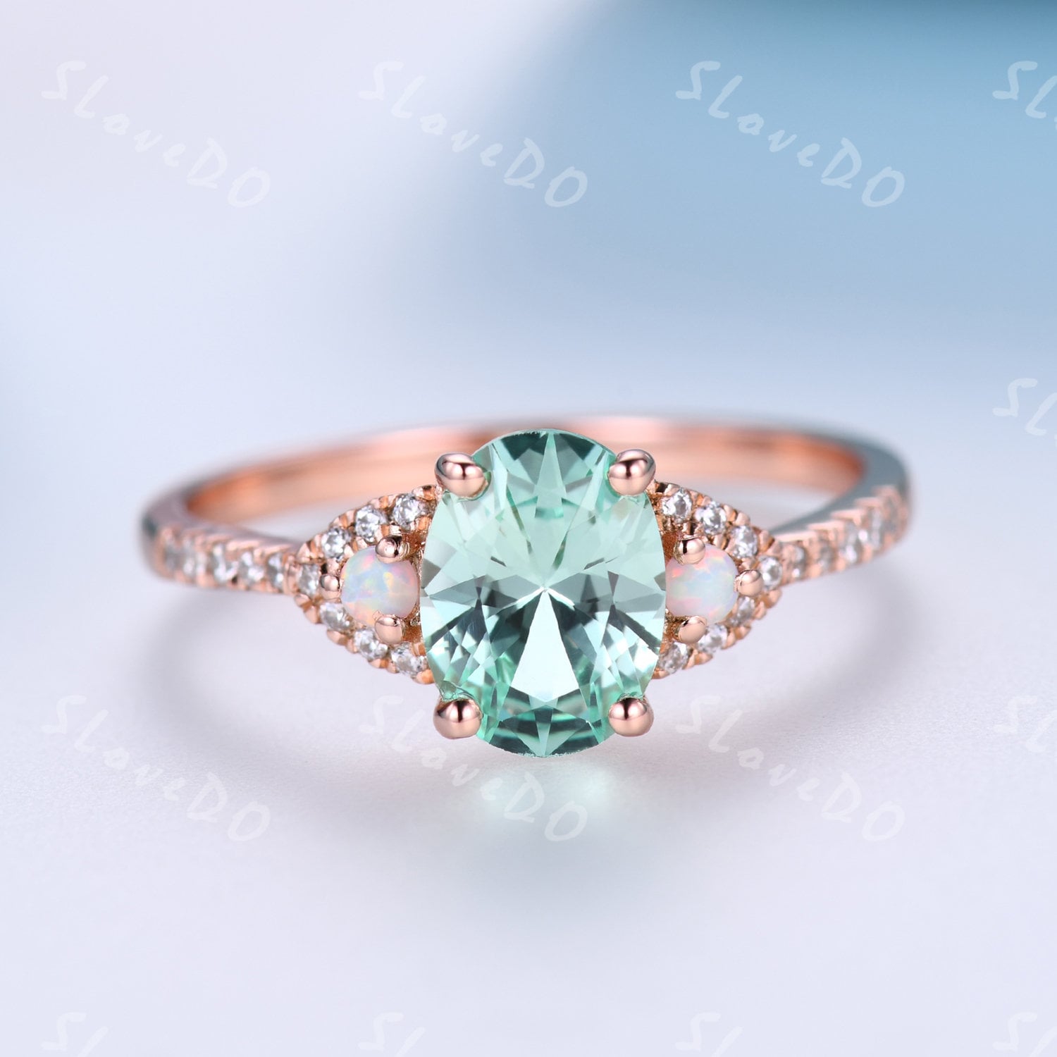 8x6mm Grüner Saphir Ring, Ovaler Grüner Stein, Zierliche Diamant Verlobungsring, Opal Ehering, Cluster Ring, Valentinstag Geschenk Für Sie von SLoveDO