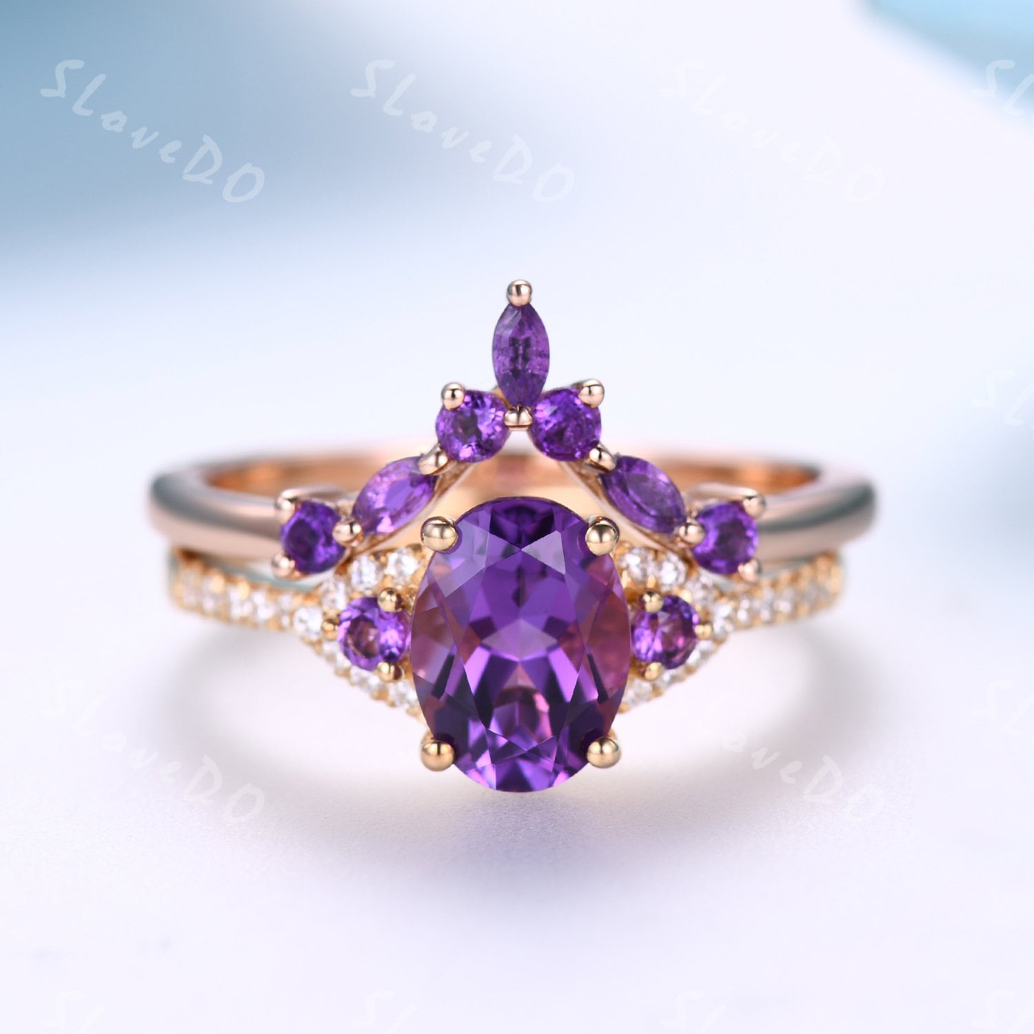 Amethyst Verlobungsring Set, Amethyst Trauringe Set, Ovaler Ring Ehering Set von SLoveDO