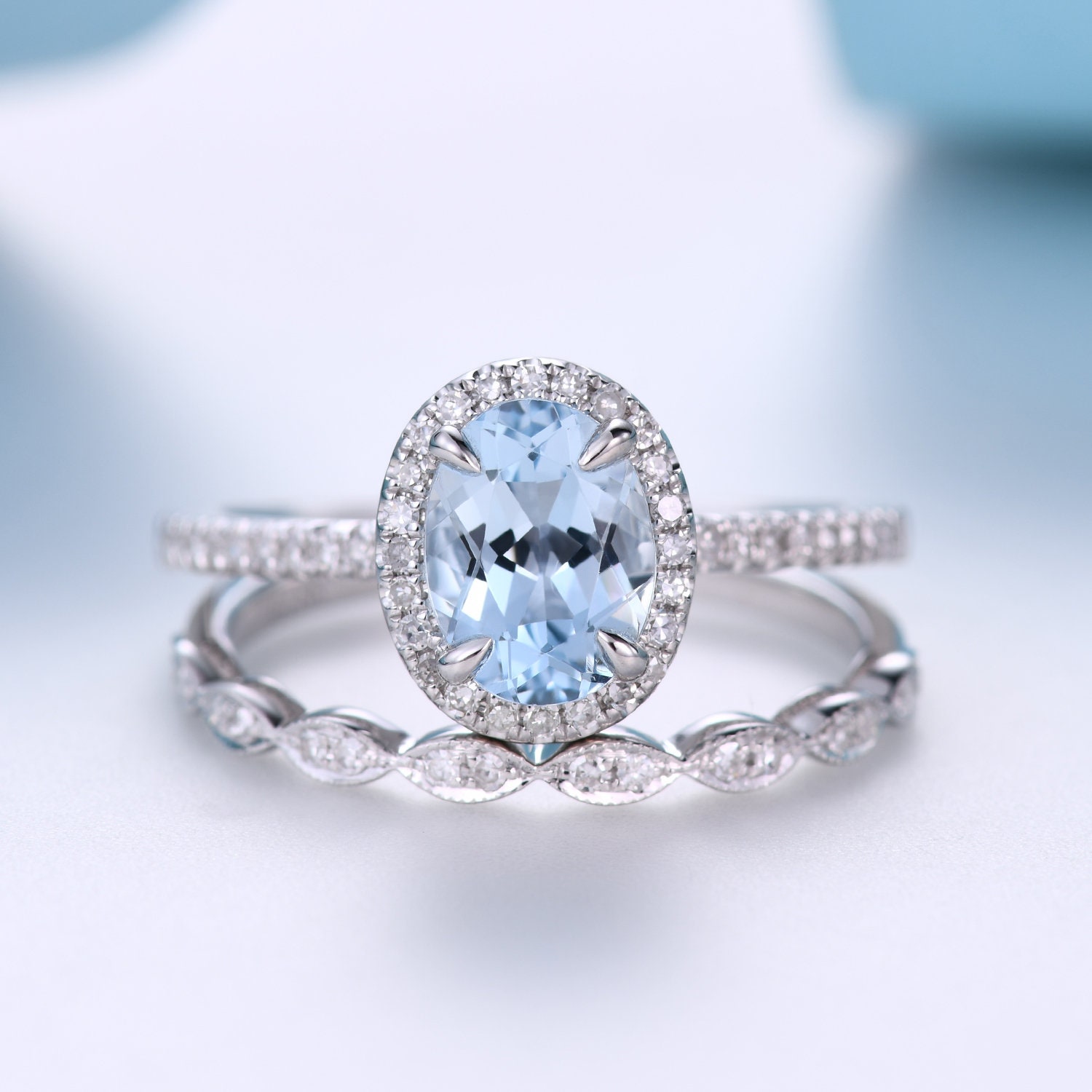 Antik Aquamarin Verlobungsring Set Vintage Ring Diamant Trauring Oval Weißgold März Geburtsstein Frauen Brautring von SLoveDO