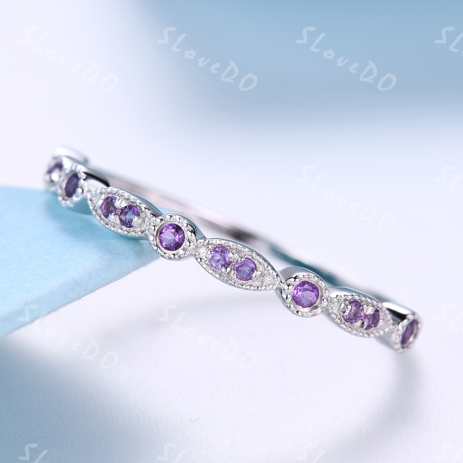 Art Deco Amethyst Verlobungsring Halb Ewigkeit Band Milgrain Lila Ehering Stapelbar Passende Sterling Silber Ring Geschenk von SLoveDO