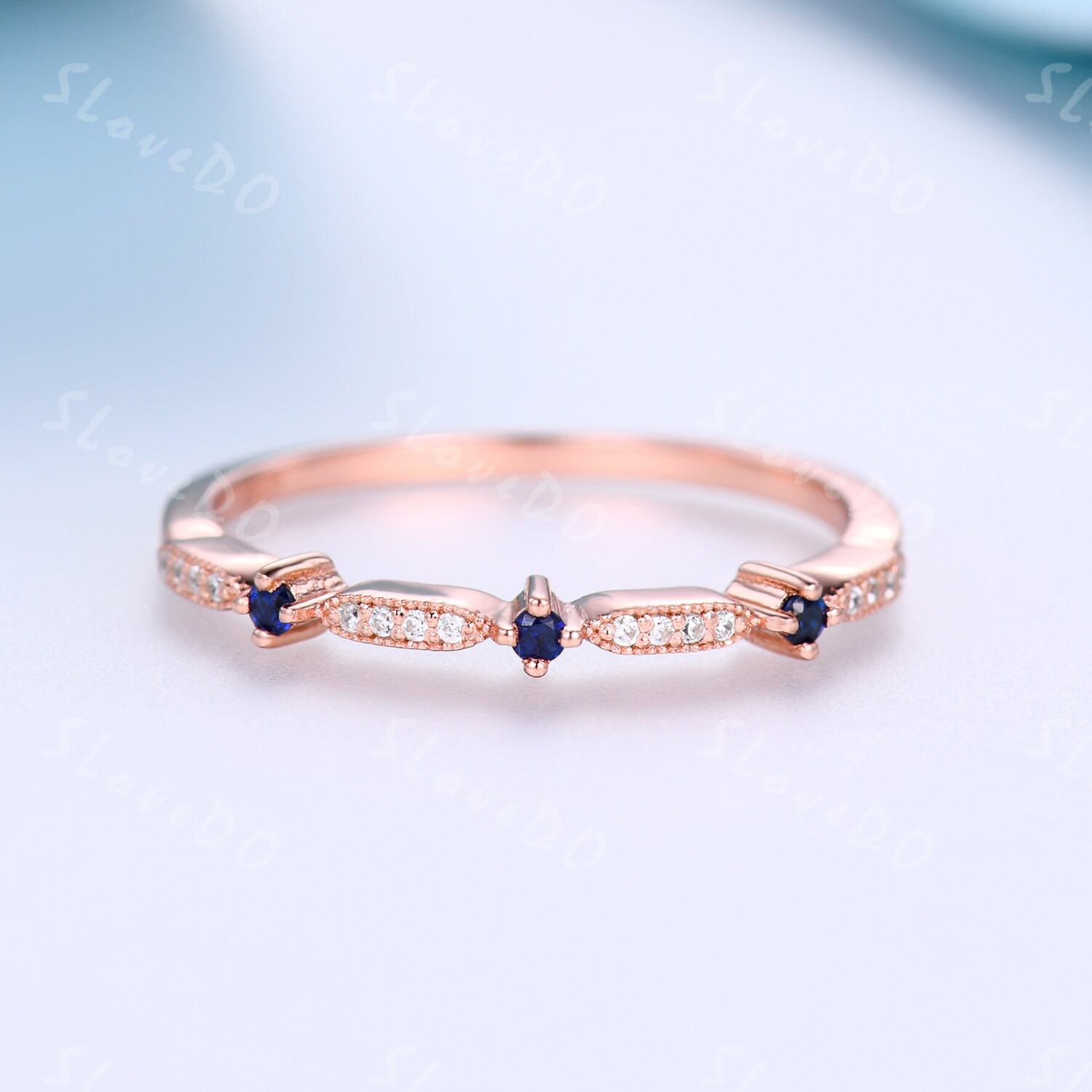 Art Deco Saphir Hochzeitsband Zierliche Cz Zirkonia Minimalist Band Rosegold Ring Für Frauen Halb Ewigkeit Ehering Sterling Silber von SLoveDO