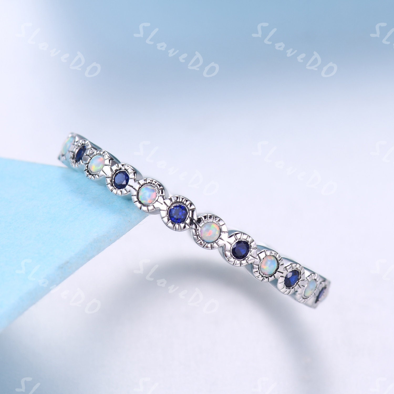 Blauer Saphir Hochzeitsband Full Eternity Opal Ehering 14K Roségold Art Deco Stapeln Passende Band Jubiläumsring Geschenke Für Sie von SLoveDO