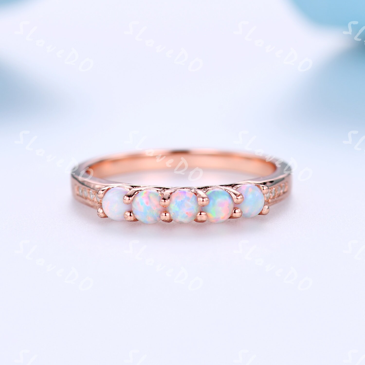 Danity Opal Ring, Diamant Matching Band, Weißer Feueroopal Ehering, 14K Roségold Stapelring, Zarter Jahrestag Geschenk von SLoveDO