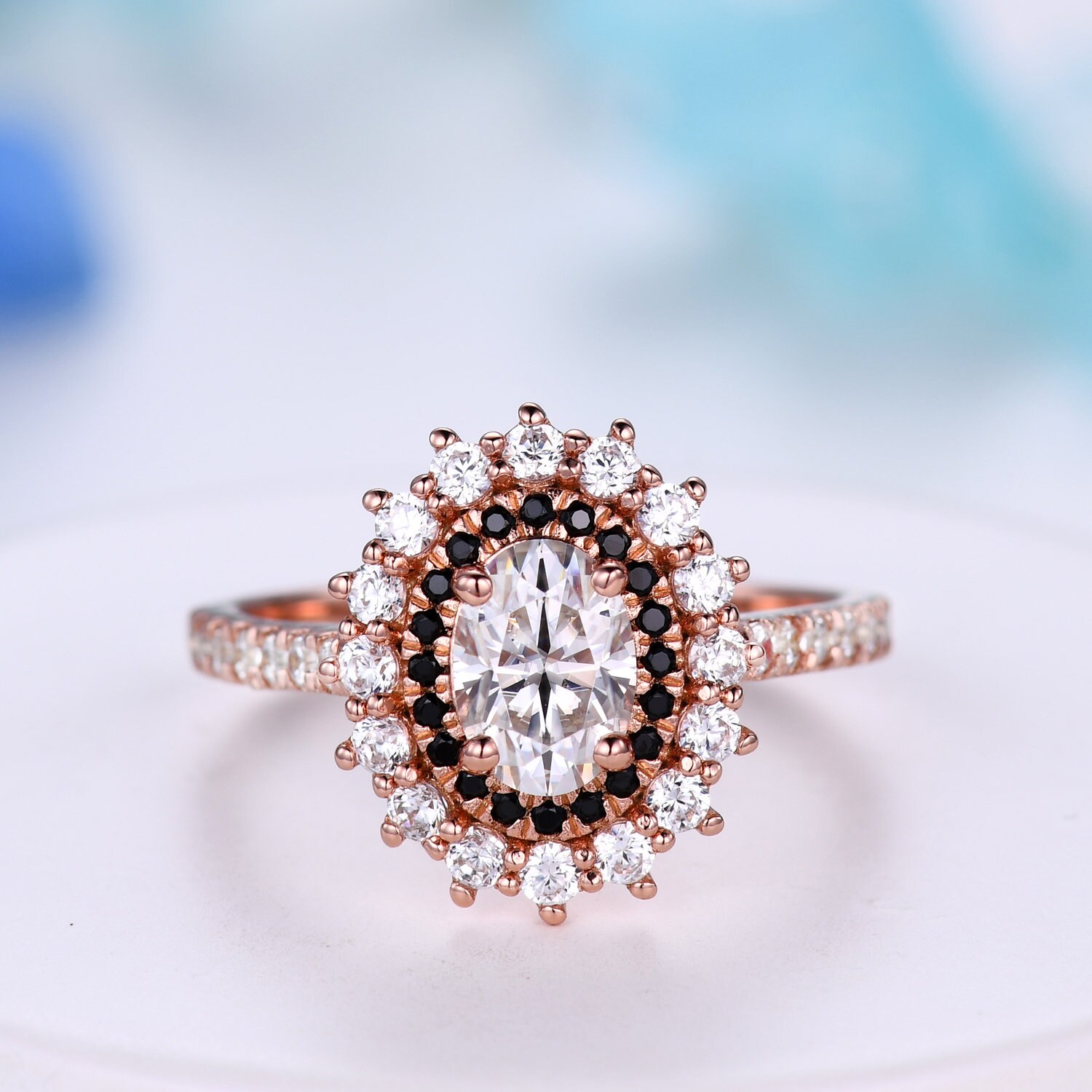 Einzigartiger Ovaler Moissanit Verlobungsring Retro Double Halo Diamant Ring 14K Roségold Cluster Statement Braut Hochzeit Band Handmade von SLoveDO