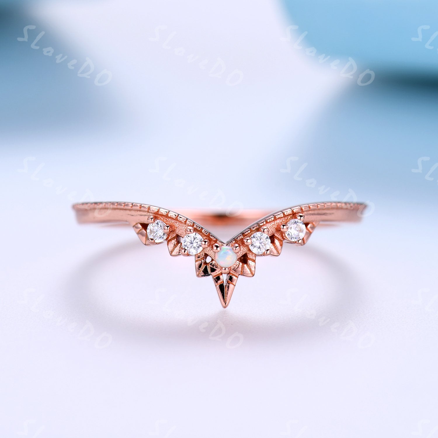 Moissanit Band, Geschwungener Stapelring, Opal Ring, 14K Rose Gold Ring, Vintage Hochzeitsband, Frauen Stapeln Passendes Band von SLoveDO