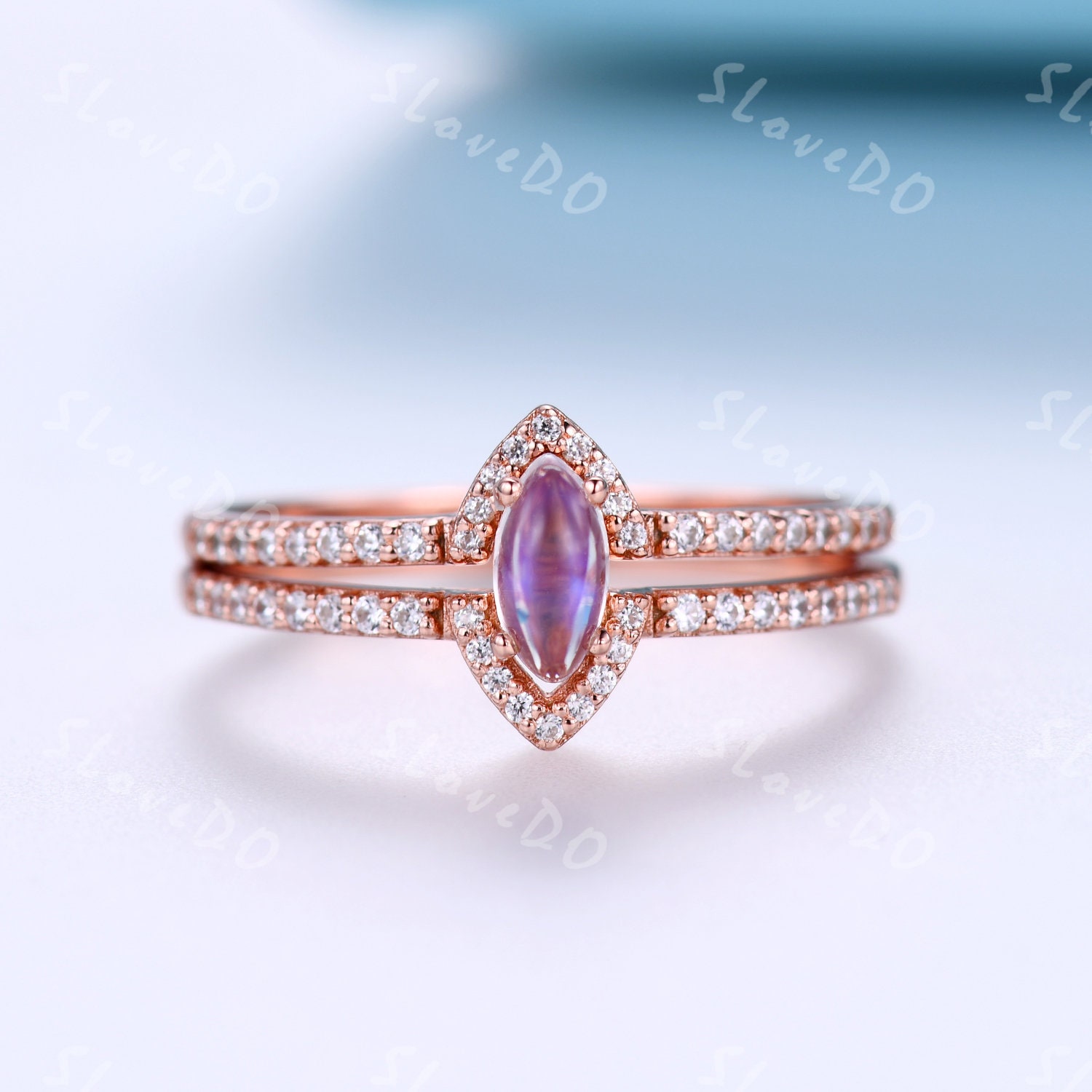 Natürlicher Mondstein Verlobungsring Set, Ehering, Juni Birthstone Ring, Rose Gold Schmuck, Stapelbar von SLoveDO