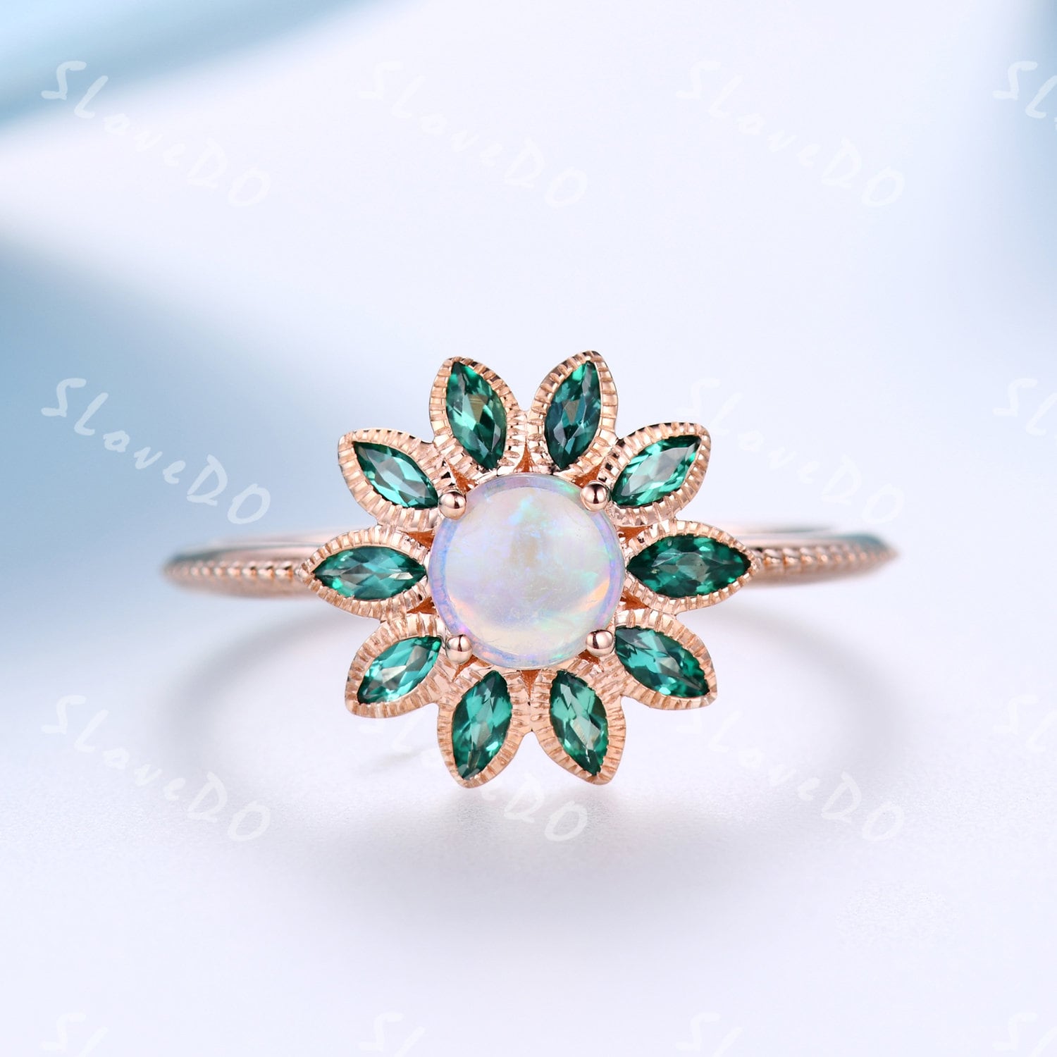 Natürlicher Opal Smaragd Verlobungsring, Halo Band, Vintage Blumen Ring, 14K Roségold Ringe Für Frauen, Statement Ring, Versprechen Ring von SLoveDO