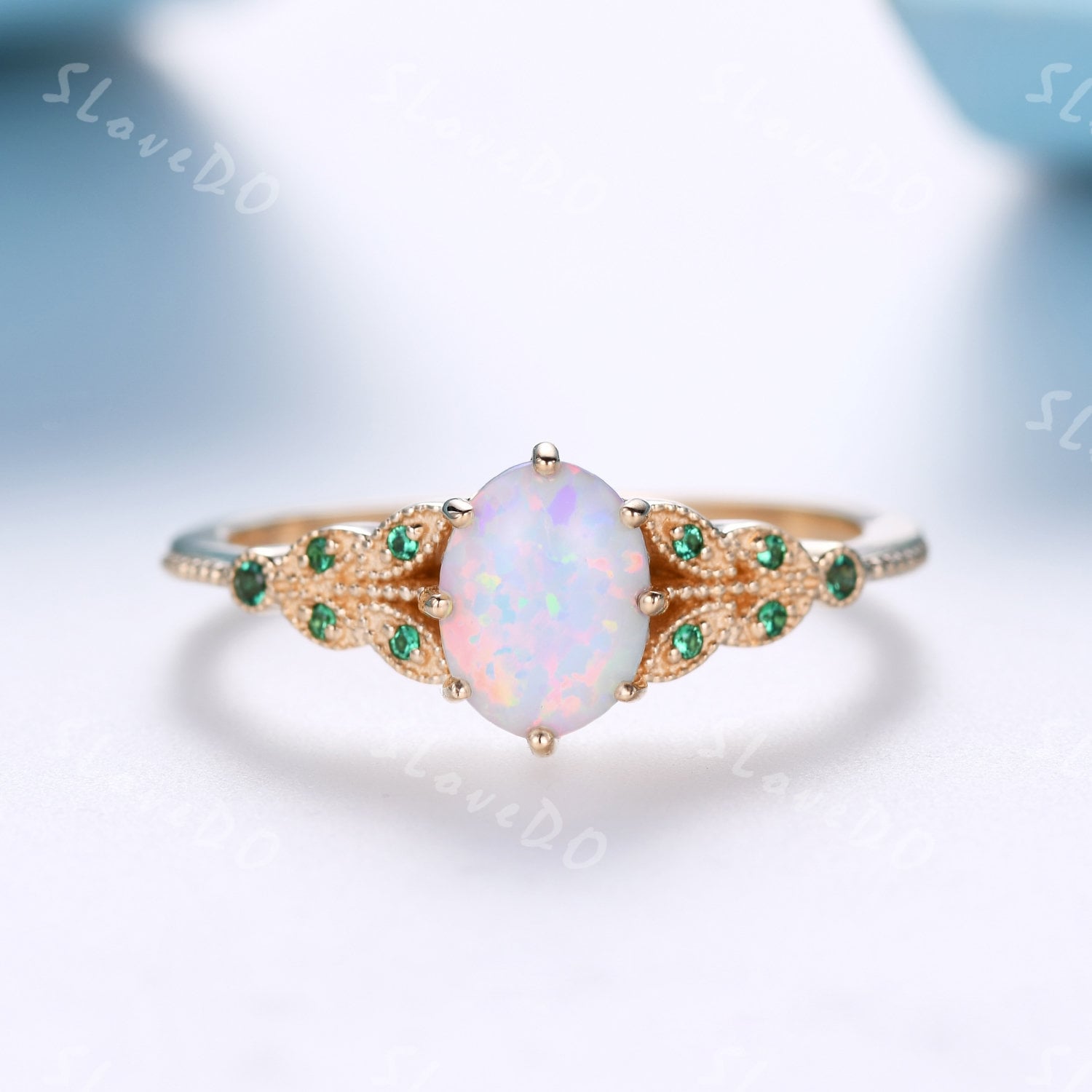 Opal Smaragd Verlobungsring Gelbgold Ring Vintage Oktober Geburtsstein Art Deco Frauen Versprechen Geschenk Für Sie von SLoveDO