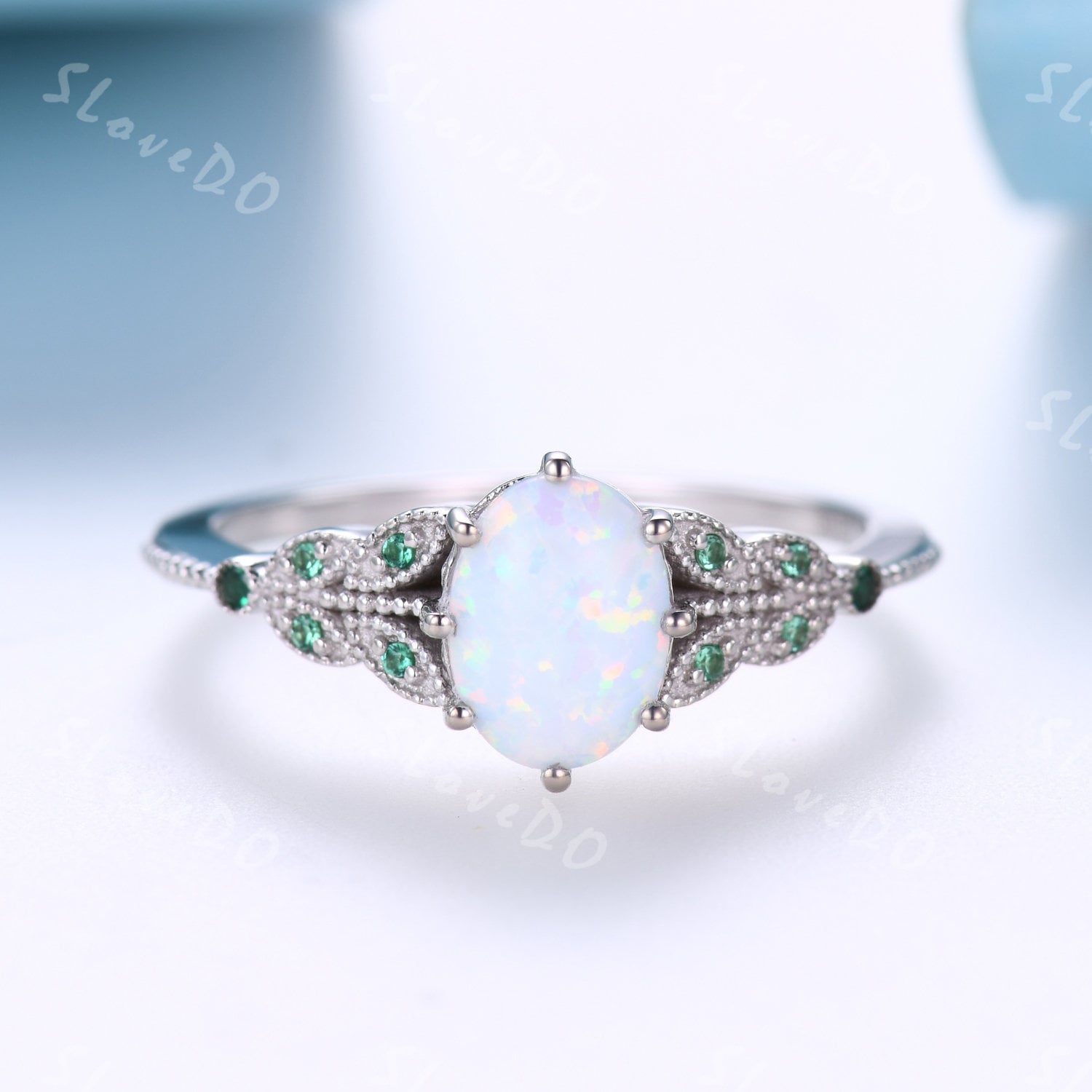 Opal & Smaragd Verlobungsring 14K Massiv Weiß Gold Ring Vintage Feuer Oktober Geburtsstein Art Deco Versprechen Geschenk Für Sie von SLoveDO