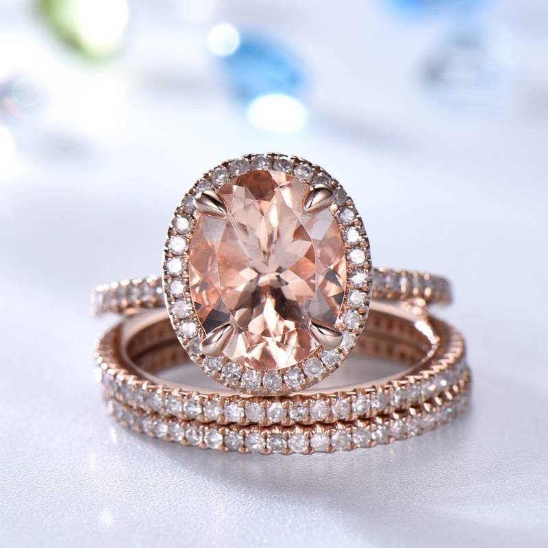 Oval Morganit Verlobungsring Set Diamant Halo, 14K Rosegold Ehering von SLoveDO