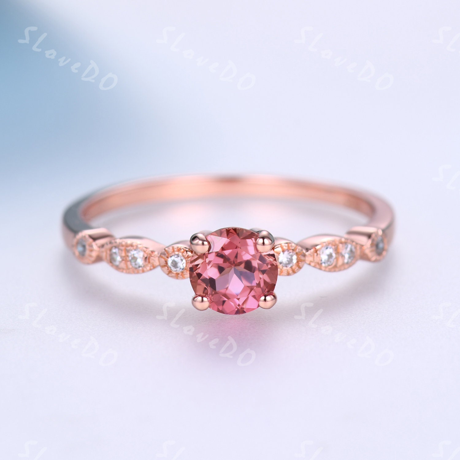 Padparadscha Pink Saphir, 5mm Rosa Saphir Verlobungsring, Diamant Hochzeit Braut Versprechen Ring, 14K Rose Gold Frauen Jahrestag Ring Geschenk von SLoveDO