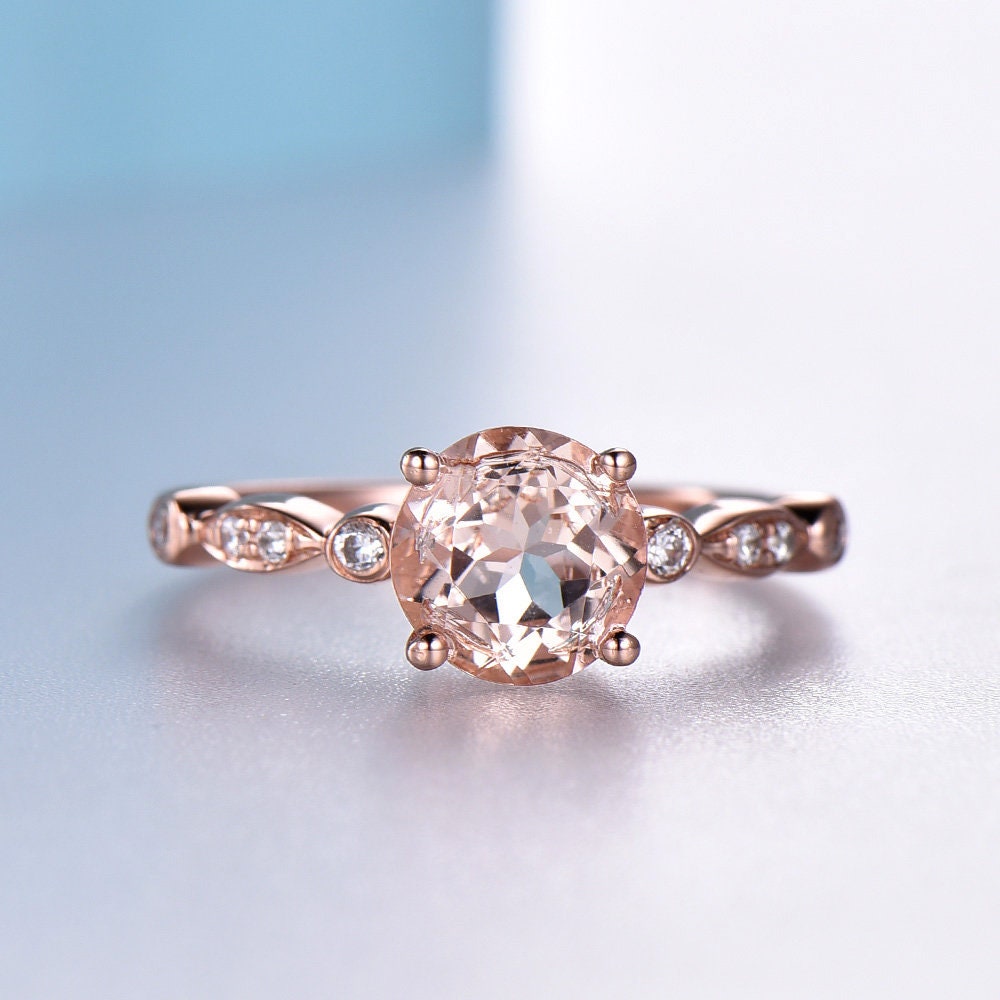 Runder Rosa Morganit Ring Natürlicher Verlobungsring Roségold Halbe Ewigkeit Diamant Band Marquise Braut Versprechen von SLoveDO