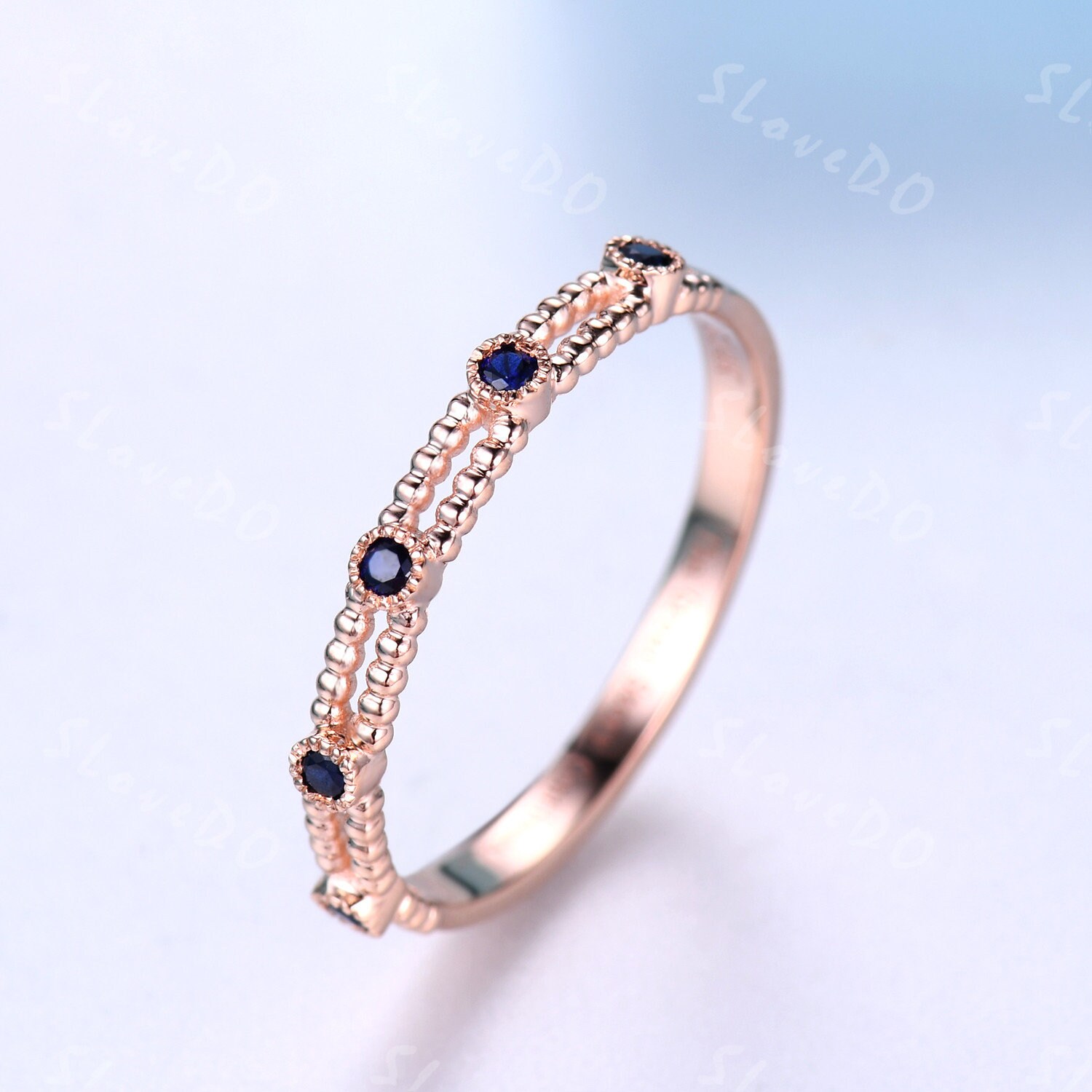 Saphir Hochzeitsband Antik Frauen Ehering Halb Ewigkeit Filigran Ring Unikat Perlen Design Braut Geschenk 14K Rose Gold Split Shank Band von SLoveDO