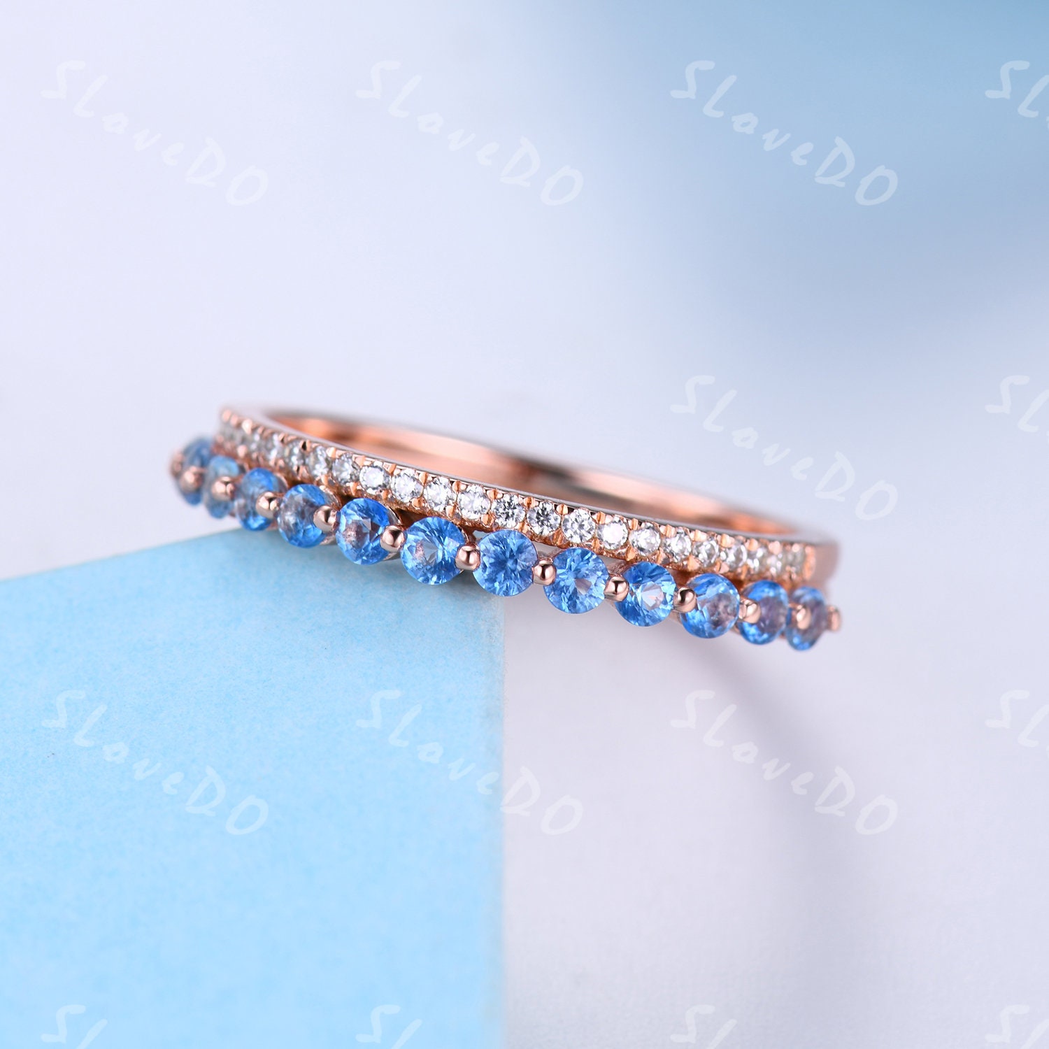 Schweizer Blautopas Ehering, Ring, 14K Roségold Und Diamant Dezember Geburtsstein, Vintage Stapelband von SLoveDO