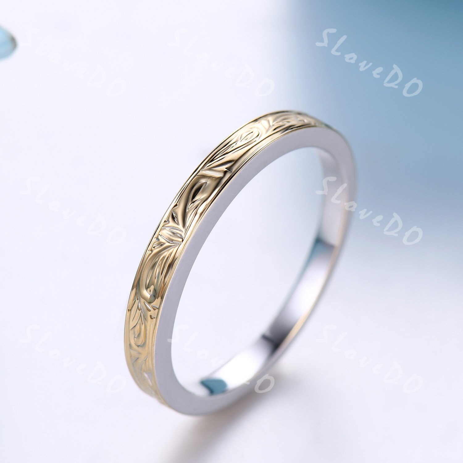 Vintage Gelbgold Und Weißgold Zweifarbige Eheringe, 14K Uni Gold Ring, Filigranes Florales Design, Verlobungsring, Jahrestag Ring Geschenk von SLoveDO