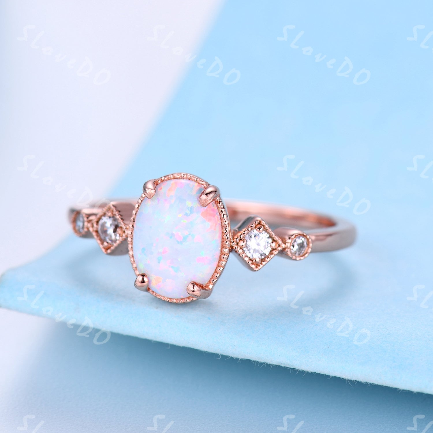 Weißer Feueroopal Ring 14K Gold, Natürlicher Opal Edelstein Für Frauen, Zierliche Diamant Ehering, Opal Schmuck, Braut Geschenk Sie, Custom von SLoveDO