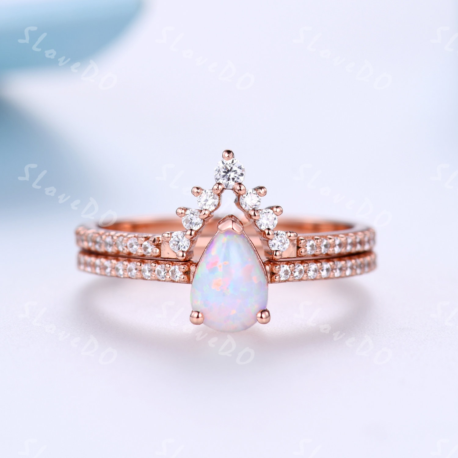 Weißer Opal Verlobungsring Set, Rosegold Ringe Für Frauen, Art Deco Stapelband, Oval Cut Braut Einzigartiges Geschwungenes Hochzeitsband, Geschenk von SLoveDO