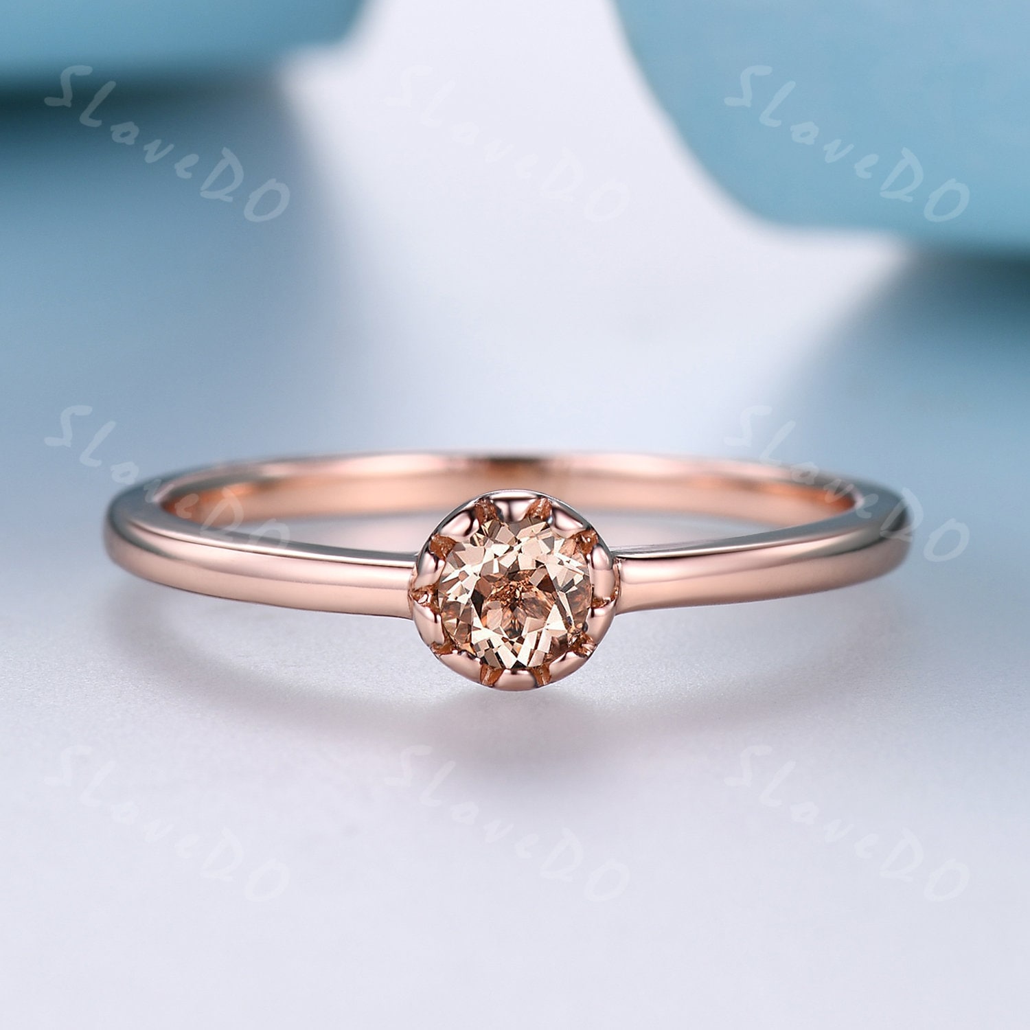 Zierlich Rund Geschliffener Natürlicher Diamant Ring, Champagner Verlobungsring, Roségold, Brauner Kaffee Ehering, Solitär Ring, Lünette Set von SLoveDO