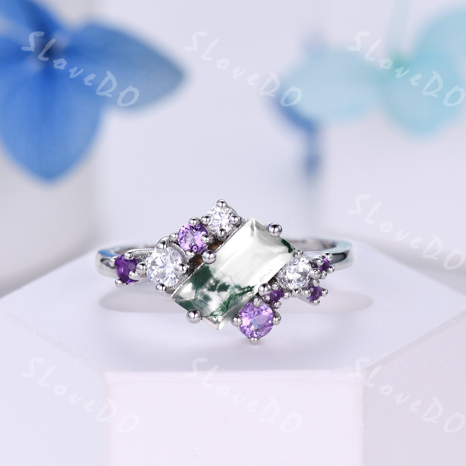 Zierliche Baguette Moissanite Verlobungsring, Cluster Ring, Natürliche Amethyst Ehering Stapelring Passendes Band, Sterling Silber von SLoveDO