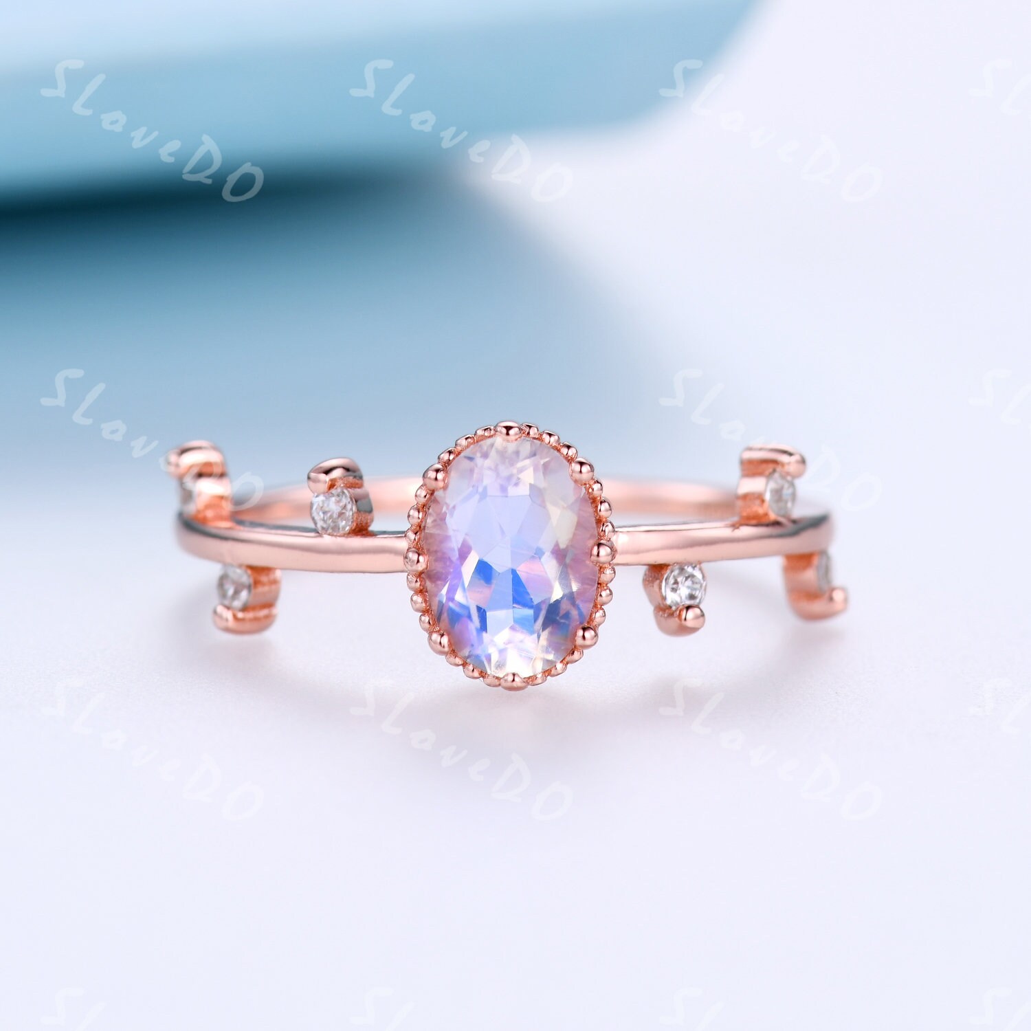 Zierliche Rose Gold Mondstein Verlobungsring Regenbogen Schmuck Diamant Minimalist Frauen Ehering 14K Braut Versprechen Jahrestag Geschenk Für Sie von SLoveDO