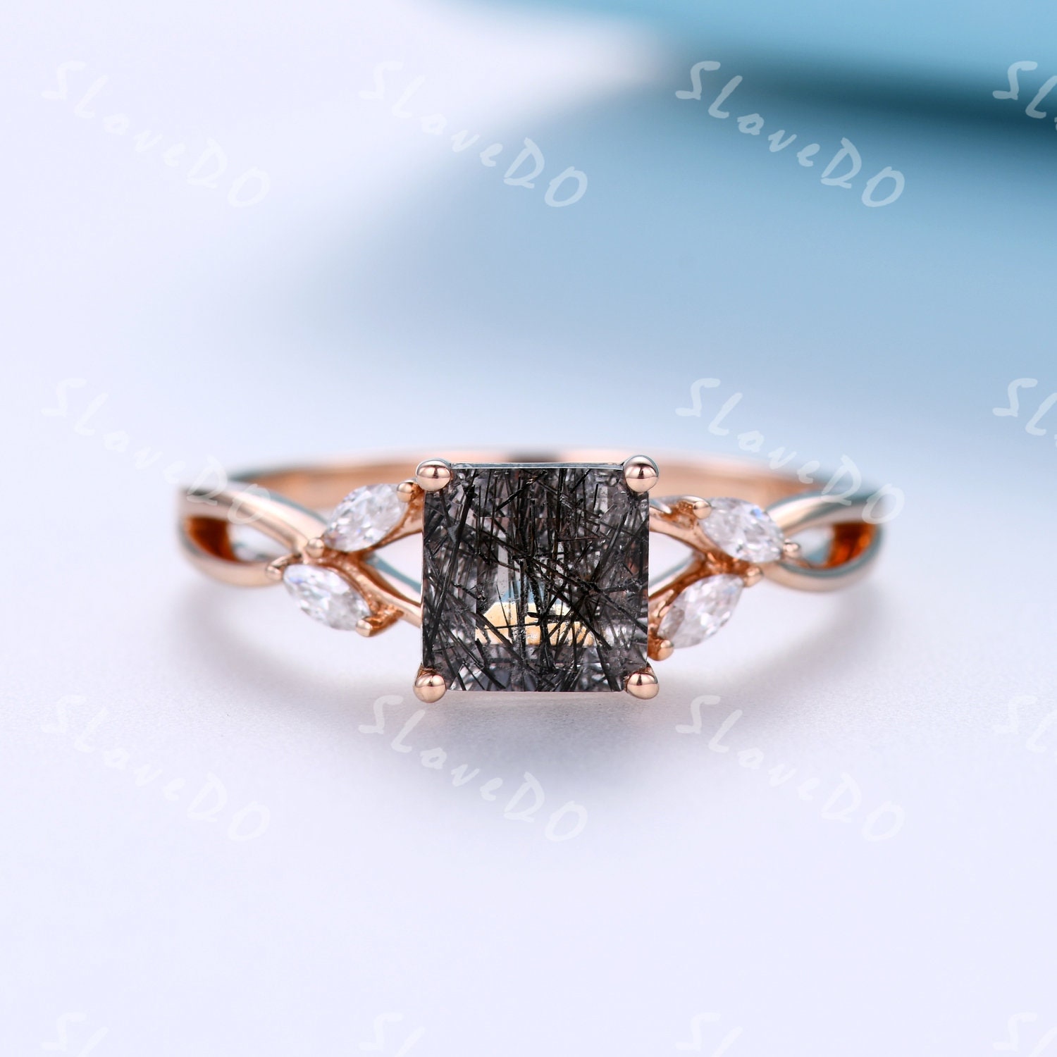 Zierliche Smaragd Schliff Schwarz Rutilquarz Ring, 14K Roségold Edelstein Solitär Marquise Moissanit Jubiläum Ring von SLoveDO