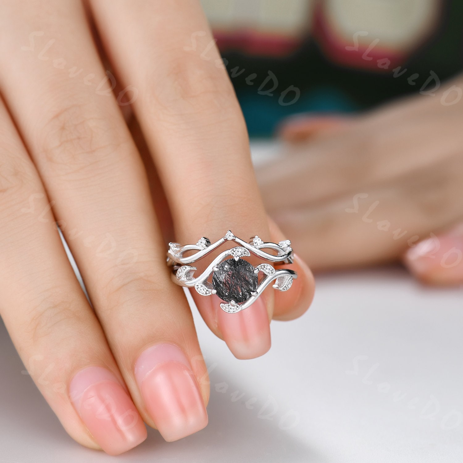 Zweig Schwarzquarz Verlobungsring Set, Frauen Rundschliff Blatt Ring, Weißgold Schwarz Edelstein, Einzigartige Diamant Gebogen Ehering Braut Set von SLoveDO