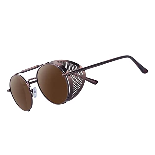 SunniMix Runde Retro-Steampunk-Sonnenbrille, Kreis-Vintage-Side-Shield-Metallrahmen-Brille für Herren, Dunkelbraune Linse von SM SunniMix