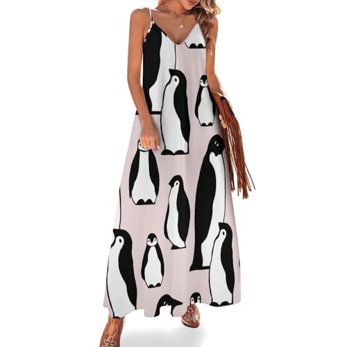 SMACQ Niedlicher Pinguin Damen Ärmelloses Maxikleid Lang Kleid V-Ausschnitt Strandkleid Freizeitkleid von SMACQ