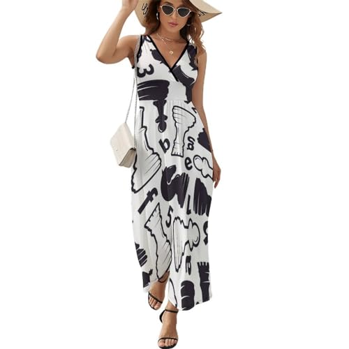 SMACQ Schwarz-Weiß-Schach Damen Ärmelloses Maxikleid Lang Kleid V-Ausschnitt Strandkleid Freizeitkleid von SMACQ