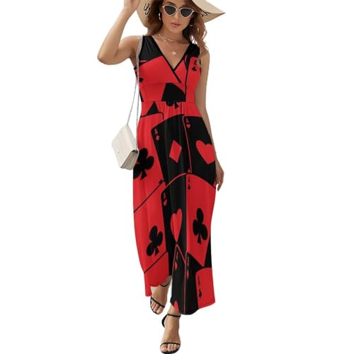 SMACQ Spielkarten Damen Ärmelloses Maxikleid Lang Kleid V-Ausschnitt Strandkleid Freizeitkleid von SMACQ