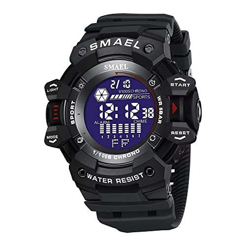 SMAEL Digitale Herren-Sportuhr, großes Zifferblatt, wasserdicht, Militär-Uhren für Herren mit LED-Datumsanzeige, Stoppuhr, einfache Herren-Armbanduhr, 8050 Schwarz 1, Large Face von SMAEL