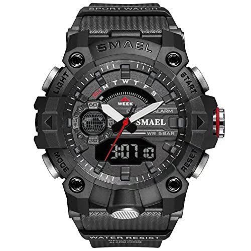 SMAEL Herren Analog Digital Sportuhr Outdoor Militär Schwarz Armbanduhr mit Alarm Dual Time Wasserdicht LED Stoppuhr, Schwarz, Militär von SMAEL