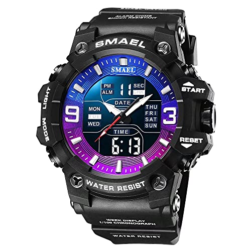 SMAEL Herren Militär Uhren Outdoor Sport Digital Armbanduhr Wasserdicht LED Datum Alarm Armbanduhren für Herren, violett, blau, Large Face von SMAEL