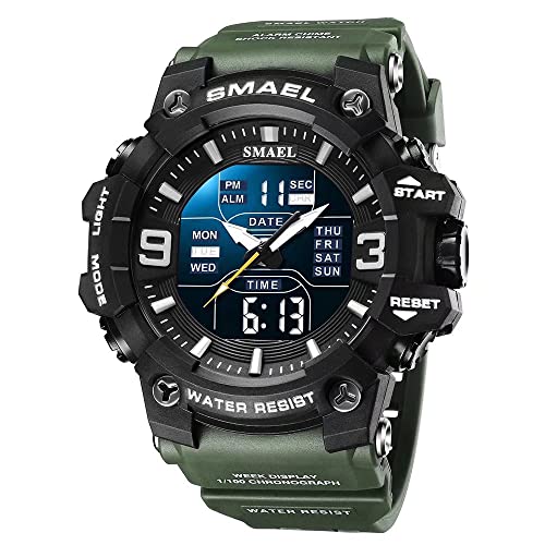SMAEL Herren Militär Uhren Outdoor Sport Digital Uhr Wasserdicht LED Datum Alarm Armbanduhr für Männer, Grün (Army Green), Large Face, Digital von SMAEL